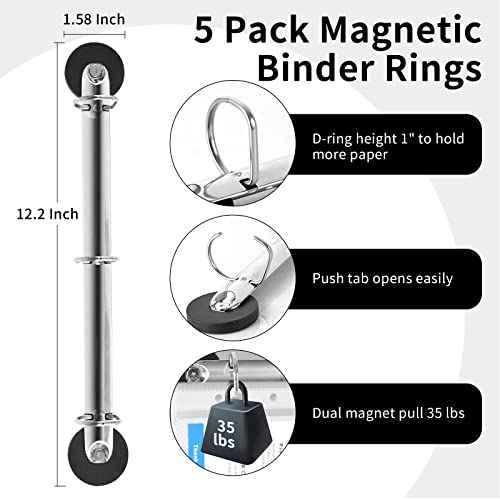 5 Pack Magnetic 3 Binder Rings 1 Inch D Ring Magnetic Hanging Binder Rings Locking Mechanism for Hanging 8.5 x 11 Inch Sheets Letter Size Paper (5)