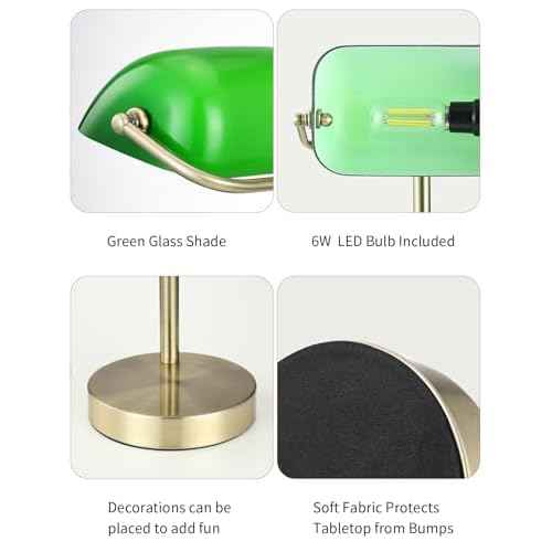 Newrays Traditional Green Glass Bankers Desk Lamp with Pull Chain Switch Plug in Fixture,LED Bulb Included