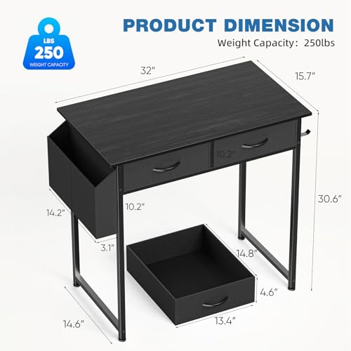 OLIXIS 32 Inch Small Desk with Drawers, Home Office Computer Desk with Storage Bag and Headphone Hook, Study Writing Table with Adjustable Feet for Bedroom, Black