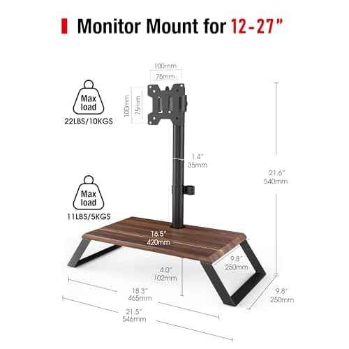 Monitor Riser for 12-27 Inch LED/OLED Screen, Landscape to Portrait Rotation and Height-Adjustable VESA Monitor Stand up Load 22lbs, Desktop Stand with Wooden Base, Walnut