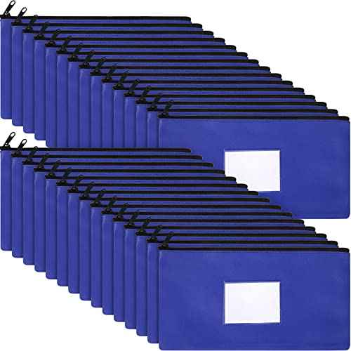 30 Pieces Money Bank Bag with Zipper Pouch for Cash 11 x 6 Inch Security Bank Deposit Bag with Clear Window Leatherette Money Cash Coin Wallet(Royal Blue)