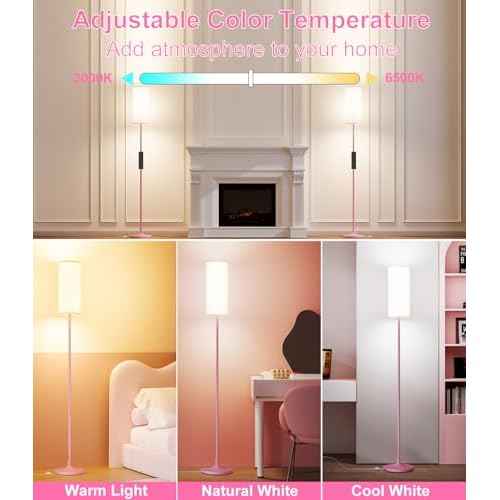 luckystyle LED Floor Lamp for Living Room, Dimmable Tall Lamps with Foot Switch,Remote Custom Color Temperature Pink Pole Lamp with Lampshade,12W Led Bulb Standing Lamps for Bedroom Office Kid Room