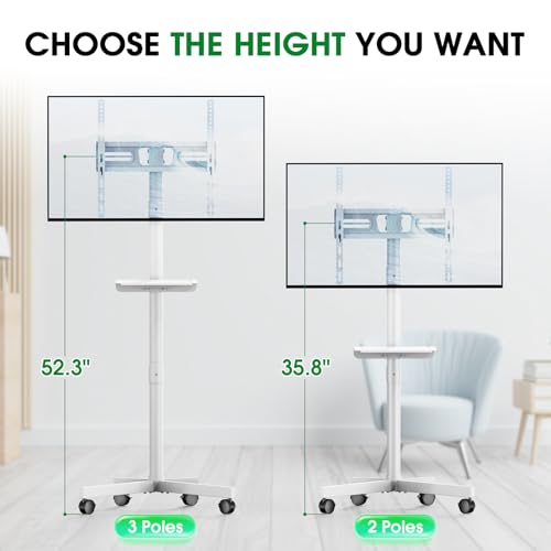 Xyndyx Rolling TV Stand 23-60 Inch White with Shelf, Adjustable Height & Tilt