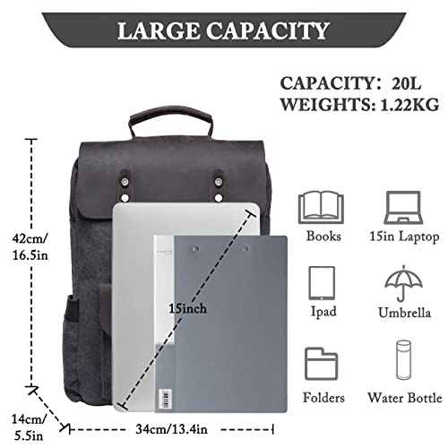 VASCHY Leather Laptop Backpack, Casual Canvas Campus Rucksack with 15.6 inch Laptop Compartment