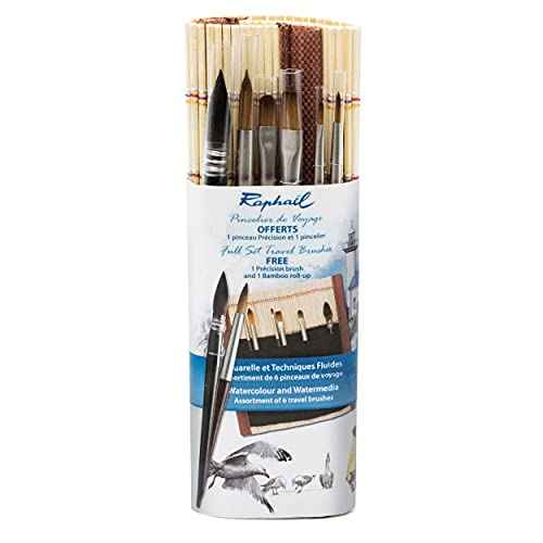 Raphael Precision & SoftAqua Mini Travel Brush Set, Bamboo, Round 0, Round 2, Flat 0, Flat 2, Filbert 1, Mop 4, Natural