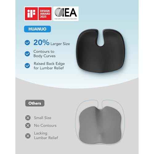 HUANUO Seat Cushion for Office Chair, Extra Large Memory Foam Cushion for Office Chair,Car & Wheelchair - Sciatica & Tailbone Pain Relief for Long Sitting, Ergonomic Design with Anti-Slip Bottom