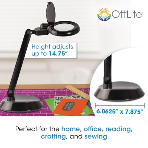 OttLite Space Saving Magnifier LED Desk Lamp, Optical Grade Magnification, Adjustable Arm, Pivoting Head, Portable to Travel, for Crafting & Needlework, Magnifying Glass with Light and Stand, Black