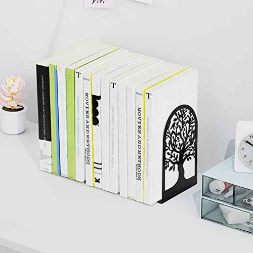 HappyHapi Book Ends, Metal Bookends for Shelves Decorative, Tree Stopper for Heavy Books, Black Ends to Hold Books for Home Office, 6.5 X 4.7 X 3.5 Inch(3 Pairs/6 Pcs, Large)