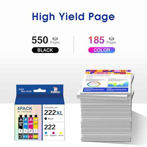 222 222XL Ink Cartridges Combo Pack Remanufactured 222 Ink Cartridges Replacement for WF-2960 XP-5200 Printers (Black, Cyan, Magenta, Yellow, 4 Pack)