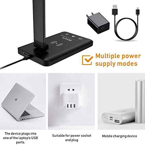 LED Desk Lamp with Wireless Charger, USB Charging Port, Dimmable Eye-Caring Desk Light with 5 Brightness Levels & 5 Lighting Modes, Touch Control, Auto Timer (Black)
