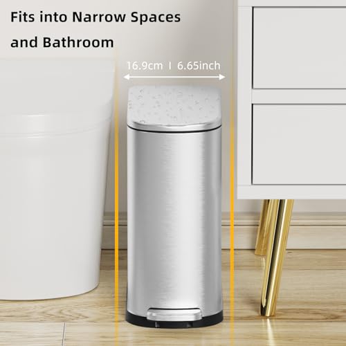 KSSKSS Silver 2.6 Gallon Slim Stainless Steel Trash Can with Soft Close Lid