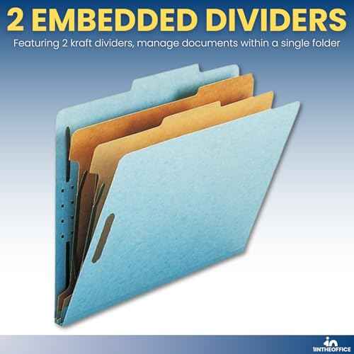 1InTheOffice Classification Folders, 2 Divider Classification Folders, File Folders with Dividers, 2.5" Expansion, Letter Size, Light Blue, 20 Pcs