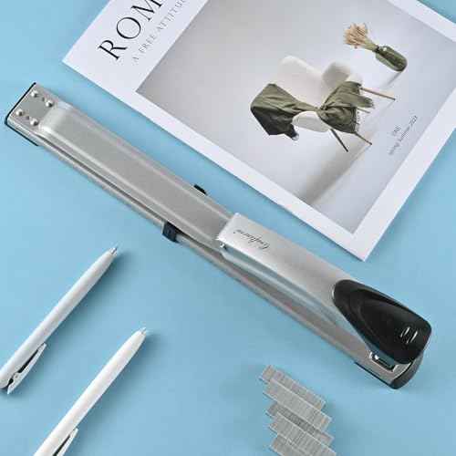 Long Reach Stapler,with 2000 Staples & Stapler Remover Full Strip£¬20-25 Sheet Capacity,with Built-in Ruler and Adjustable Locking Paper Guide, Silvery