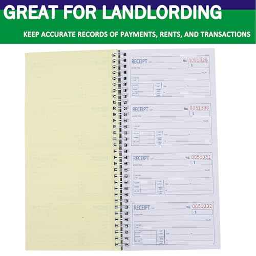 Cash Receipt Book, 200 Sets, 2-Part Carbonless, 5-1/4" x 11", Spiral Bound, White & Canary Copies - Numbered Forms for Cash Transactions, Rent Payments & Business Records (1pack)