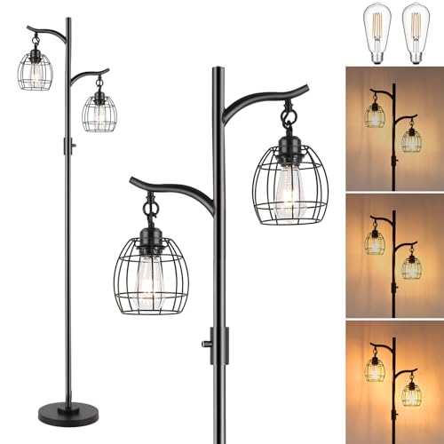 9MMML Floor Lamp for Living Room, Farmhouse Industrial Dimmable Floor Lamps with 2 Hanging Teardrop Cage, Vintage 67'' Tall Black Tree Standing Lamp for Bedroom Office, 2 x 800LM LED Bulbs Included
