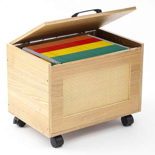 Rattan File Cabinet Hanging File Organizer Box with Lid Rolling Wicker Filing Cabinet for Home Office for Letter/Legal Size