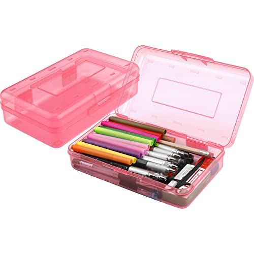 BOEIAC 1pcs Clear Pink Large Capacity Pencil Box with Snap Lid - Stackable & Durable