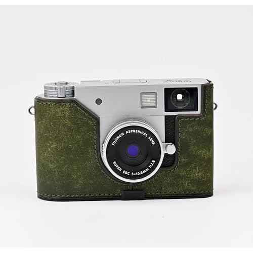 Handmade Genuine Leather Camera Half Case for FUJIFILM X-Half/FUJIFILM X-Half Camera Case - Top Layer Cowhide Body + Metal Base Plate (Matte Green)