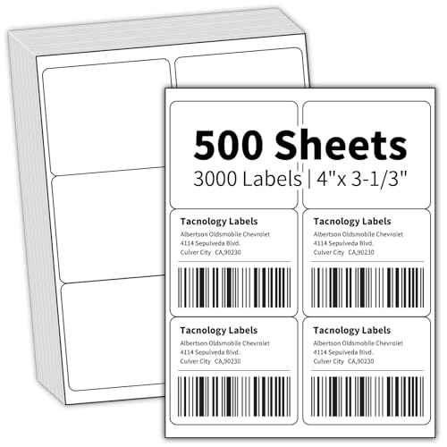 500 Sheets 4" x 3-1/3" Shipping Labels, 6 Labels/Sheet, 3000 Total | Compatible with Laser & Inkjet Printers, Strong Adhesive, Simple to Peel, Perfect for Mail Address Paper