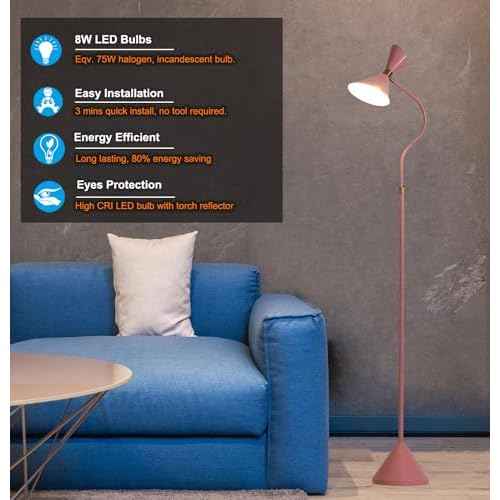 Fiqevs Modern Floor Lamp for Living Room with 6W LED Bulb, Metal Lampshade, Foot Switch, Industrial Tall Reading Lamp for Bedroom, Office, Nursery Room, Corner (Pink)