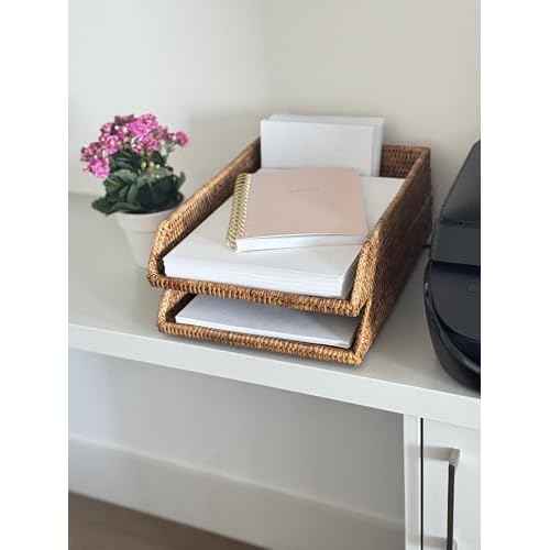 KOUBOO La Jolla Rattan Stackable Letter Tray, Paper Organizer, File Tray, Paper Tray, Desk Tray, Office Supplies, Paper Storage Classroom Organizer, Honey Brown