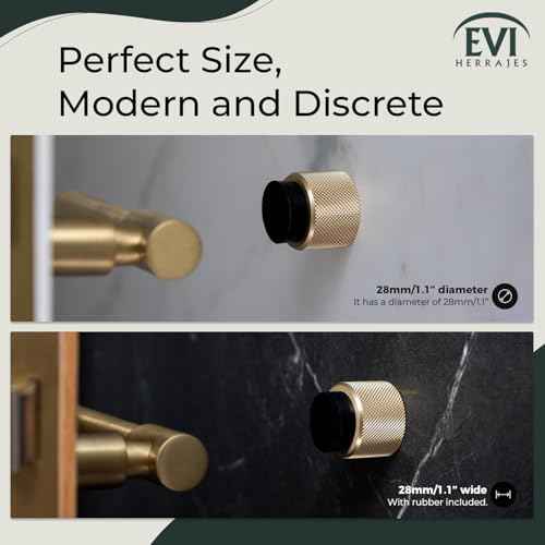 EVI Herrajes | Designer Wall Door Stop - Knurled Texture - 1.1" x 1.1" - Brass Matte Finish Black Rubber - Adhesive and Screw Fastening