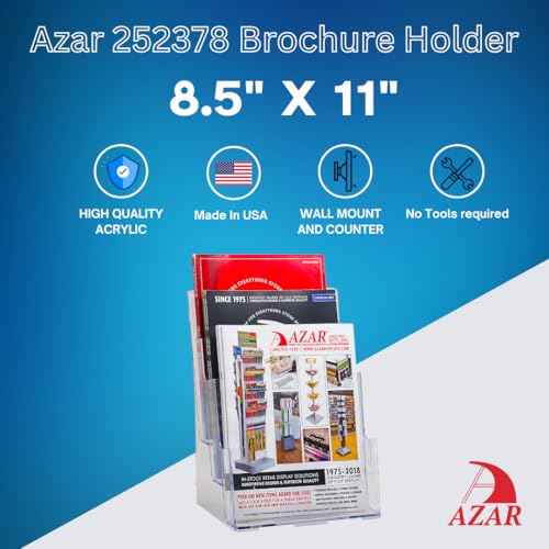 Azar Displays 252378, Brochure Holder, Acrylic Desk Organizer, Three Tier Document, Magazine & Sign Holder, Wall Mount Desk Accessories, Literature Display Stand, Divider for 4" Pamphlets, 8.5"x11"