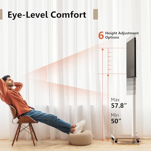 FITUEYES Ivory White Rolling TV Stand with Power Outlets for 32-75 Inch TVs (ETL) – Height Adjustable, 60° Swivel