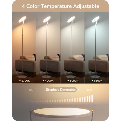 EDISHINE 76" Tall Floor Lamp, 28W 2500LM Bright LED Lights for Living Room, 300¡Æ Flexible Head Modern Torchiere Corner Lamps with Remote, 2700K-6500K Dimmable Standing Lamps for Bedroom, Office, White