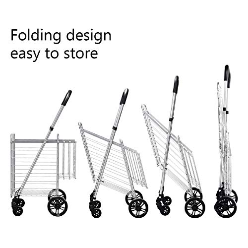 PETSITE Foldable Shopping Cart, Utility Cart Double Basket Cart for Grocery Laundry Travel with Swivel Wheels