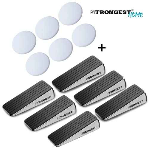 Strongest Home Heavy Duty Door Stopper Wedge (6 Chrome PCs) | Non-Slip Rubber and Metal Door Stop for Heavy Doors| Work on Wood, Tile, Carpet + 6 White Wall Protectors