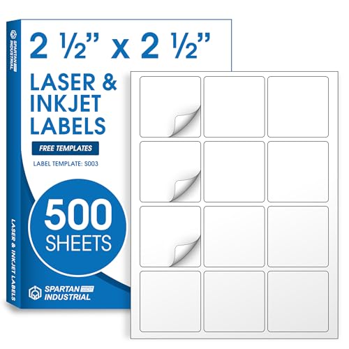 2 1/2" X 2 1/2" Square Printable Labels Compatible with Inkjet and Laser Printers - 500 Sheets, 6000 Matte White Paper Stickers for QR Codes, Barcodes, Logo Designs - Spartan Industrial Template S003