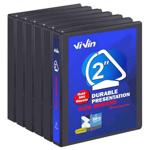 3 Ring Binder 2 Inch, ViVin Sturdy 2"-Slant D Ring Binder with 2 Interior Pockets, Clear View Cover, PVC-Free, Fits 500 Sheets of US Letter Size Paper (6 Pack, Black)