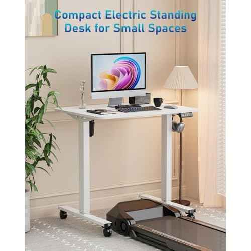 Small Height Adjustable Electric Standing Desk, 31.5" x 23.6" Sit Stand up Desk with Splice Board, Ergonomic Rising Computer Home Office Desk Table with Memory Preset, White Frame/White Top