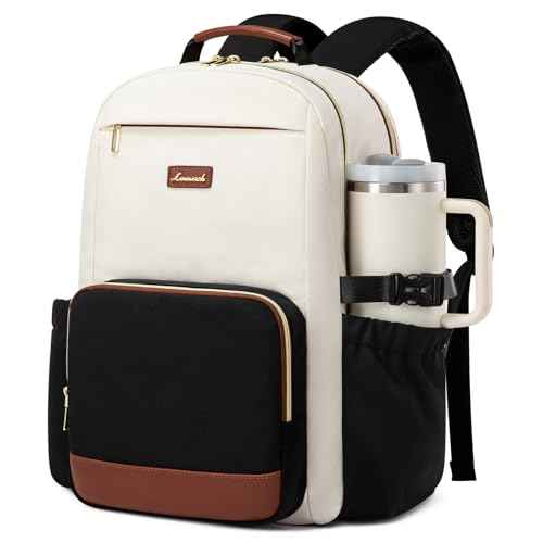 LOVEVOOK Laptop Backpack for Women with Pouch Pocket for Large Capacity Cup,15.6 Inch Laptop Computer Bag Travel Backpack Purse,Waterproof Work Business Backpack College Teacher Bags,Beige-Black-Brown