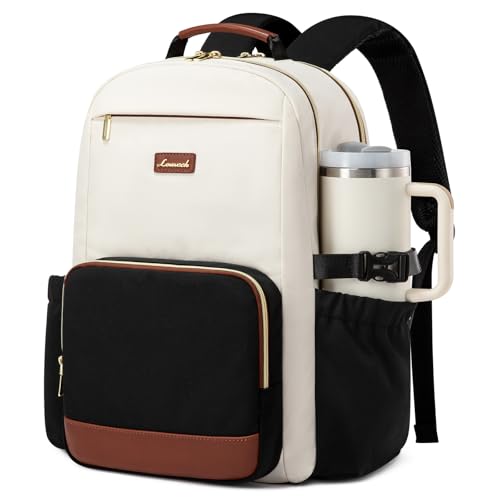 LOVEVOOK 15.6-Inch Water-Resistant Laptop Backpack for Women with Large Capacity Cup Pouch - Beige-Black-Brown