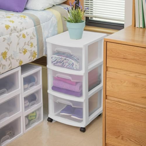 LovingStar Plastic Storage Drawer Cart with 3 Clear Drawers & Casters, Medium White