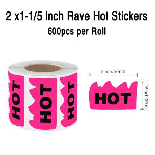 600 PCS Rave Hot Stickers 2 x 1-1/5 Inch Fluorescent Pink Hot Flame Fire Shaped Stickers Marking Popular Items for Restaurant Supermarkets Stores Shops (Fluorescent Pink)