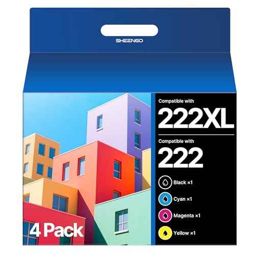 SHEENGO 222XL Ink Cartridges Combo Pack Remanufactured Replacement for Epson 222 Ink Cartridges for Epson Ink 222 222 XL for Epson Workforce WF-2960, XP-5200 Printer (4 Pack, 222 Ink)
