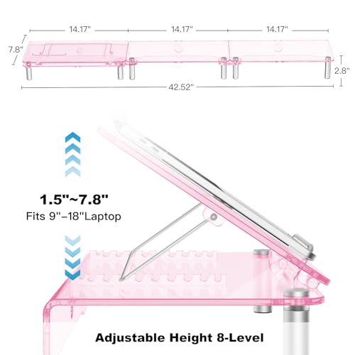 RQUOIRE Ergonomic Pink Acrylic Dual Monitor Stand with Adjustable Laptop Riser, Compatible with Desktop, Printer, TV and More Devices,monitor riser holder suitable for 2 monitors