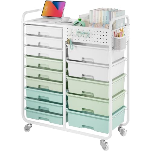 APEXCHASER 14-Drawer Rolling Storage Cart with Tabletop & Pegboard – Green