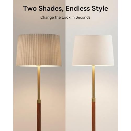JOOFO Mid-Century Modern Wood Floor Lamp with Dual Fabric Shade, Remote Control, Dimmable & Adjustable Color Temperature, Reading & Living Room Lamp, Easy Clean Cover, Foot Switch