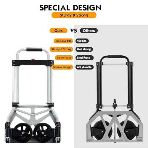 Folding Hand Truck Dolly Cart Portable Foldable Aluminum Luggage Cart Trolley Cart Black Load 260 lbs, with Black Bungee Cord, Telescoping Handle,Solid Aluminium Wheel suspensions, Double Bearings