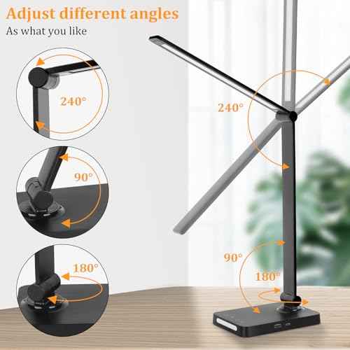 LED Desk Lamp with USB Ports,Touch Desk Lamps for Home Office with 5 Color Modes,3 Brightness Desk Light with Small Night Light,Reading Lamp Table Lamp for Bedroom Bedside Study Black £¨with adapter£©