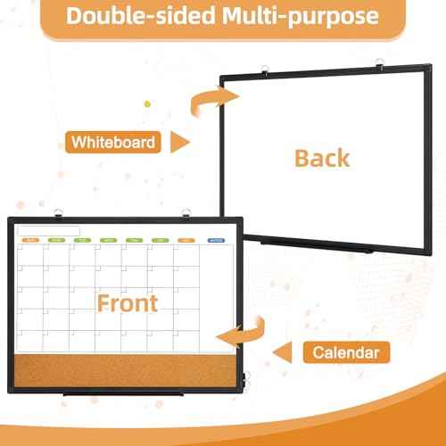 Dry Erase Calendar Whiteboard for Wall, WALGLASS 24" x 18" Double-Sided Monthly Calendar White Board Cork Combo, Black Aluminum Frame Hanging Wall Mounted Bulletin Corkboards for Home, Office, School