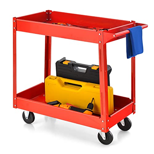 Goplus 2-Tier Utility Cart, Heavy Duty Commercial Service Tool Cart w/Handle, 220 lbs Max Support, Rolling Mechanic Metal Tool Cart Storage Organizer for Home, Garage, Warehouse