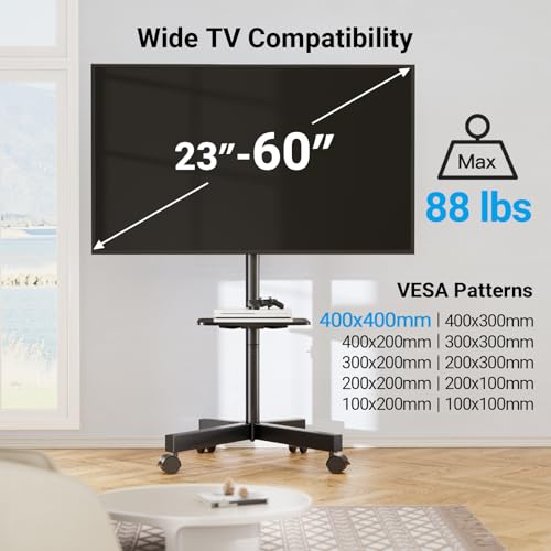 PERLESMITH Mobile TV Stand for 23-60 Inch LCD LED Flat/Curved Screen TVs, Tilt TV Cart Holds up to 88Lbs, Portable TV Stand with Laptop Shelf, Rolling TV Floor Stand Max VESA 400x400mm (PSTVMC06)