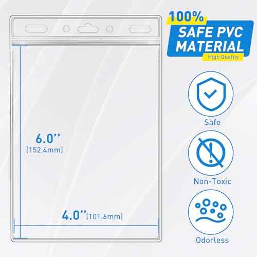 Vertical ID Badge Holders with Soft Edge (Sealable Fits 4x6 Inch Insert) (200 Pack), Waterproof Passport ID Card Holder, Name Tag Holder, Name Badge Holders, Zipper Plastic Badge Holder