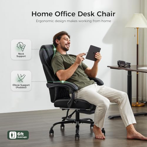 Amseatec Big & Tall Office Chair with Footrest, Lumbar Support, Black, 300Lbs Capacity