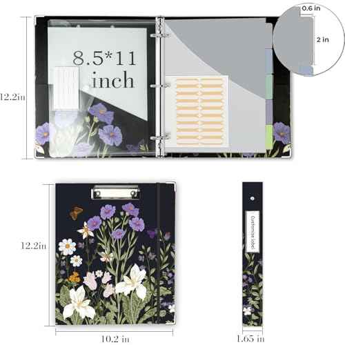 3 Ring Binder 1 Inch, Three Ring Binders Organizer with Clipboard, 5-Tabs Pockets Dividers, Plastic Folder, 18 Divider Stikers, BVSSX Pretty Binder with Pen Loop (Black Weeds, Letter Size)